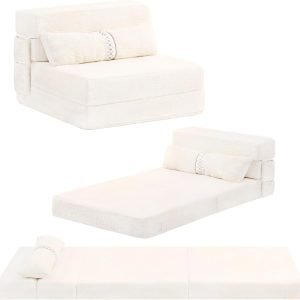 Anniversary Celebration while stocks last：Tiita Folding Sofa Bed Couch,Single Size Foldable Futon Chair Bed with Pillow, Folding Sleeper Sofa Chair Bed Floor Mattress for Guest Room, Living Room, Beige