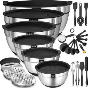 Anniversary Celebration while stocks last：Mixing Bowls with Airtight Lids Set, 26PCS Stainless Steel Khaki Bowls with Grater Attachments, Non-Slip Bottoms & Kitchen Gadgets Set, Size 7, 4, 2.5, 2.0,1.5, 1QT, Great for Mixing & Serving